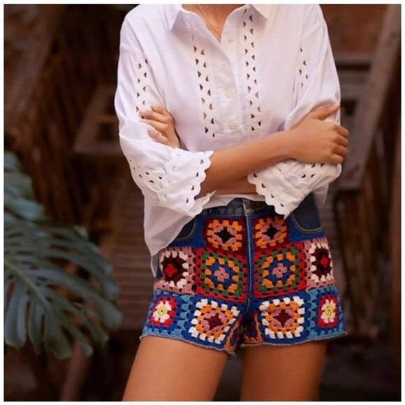 Farm Rio x Anthropologie Colorful Crochet High Rise Denim Shorts Women's Size 27 - Picture 1 of 9